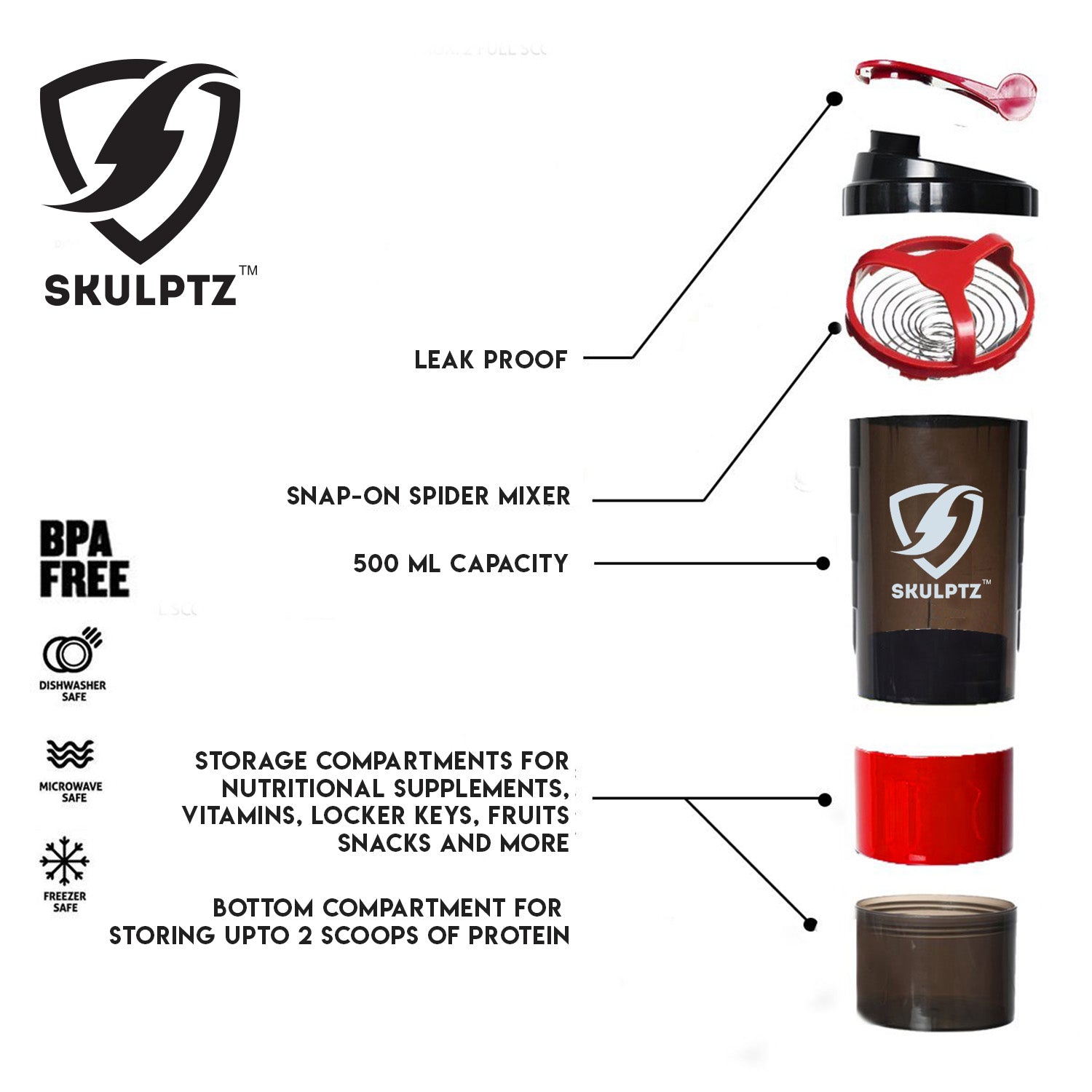 Neon Multi-Storage Shaker Bottle (Red) - skulptz