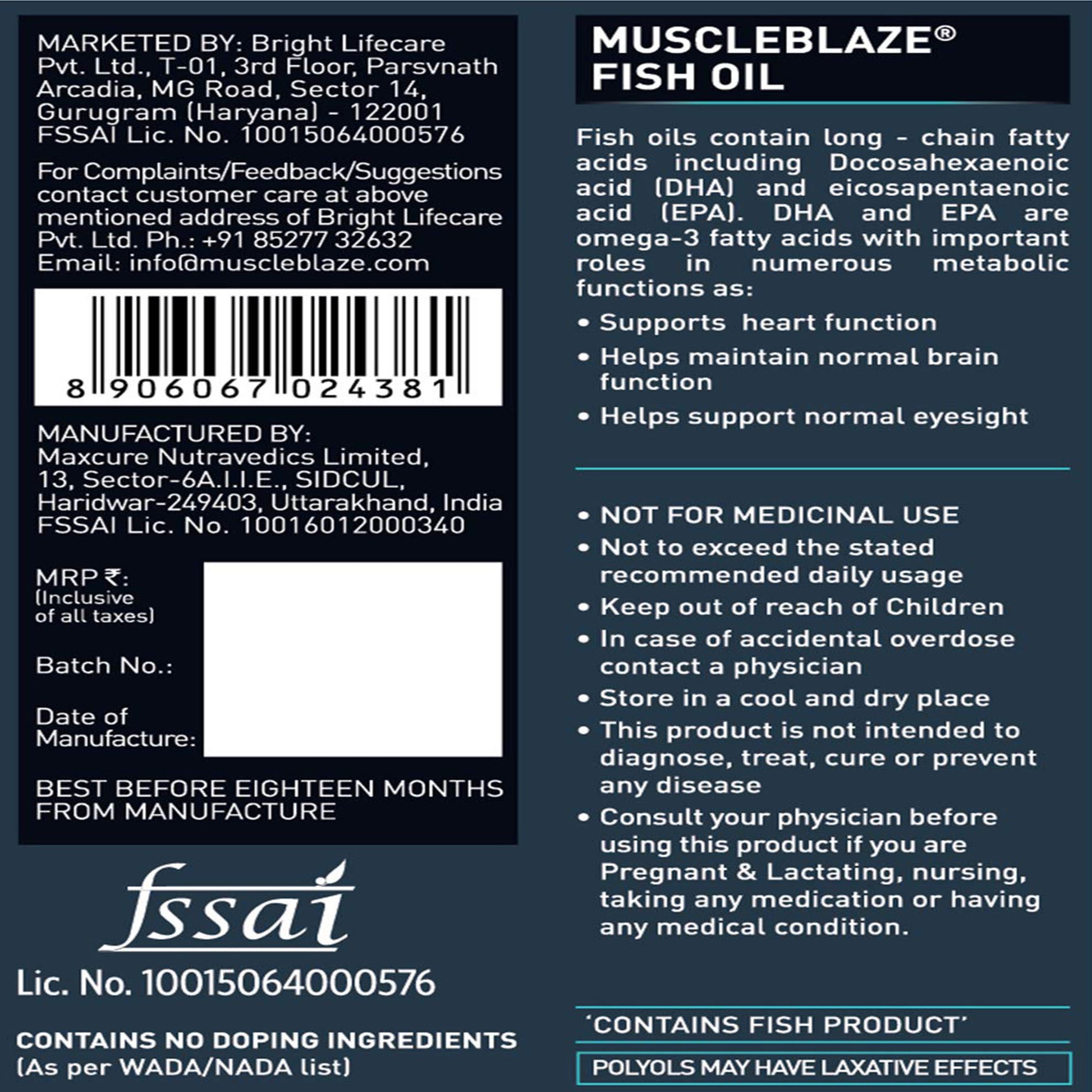 MuscleBlaze Fish Oil (180 softgels) - skulptz